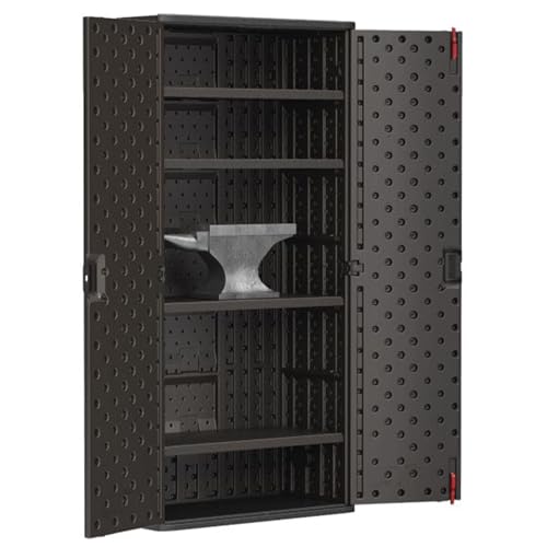 Suncast Commercial 4 Shelf Mega Tall Storage Cabinet, Lockable Garage Utility Shelving Unit, Heavy Duty Plastic Resin Organizer, Gray