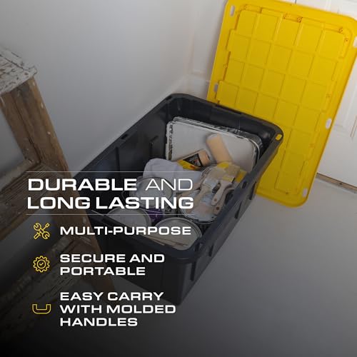 CX Black & Yellow 27-Gallon Heavy Duty Stackable Storage Bins with Lids, Dorm Room Essentials, Moving Boxes, Back to School, Classroom Organization, Home Organization, 4 Pack (14.3"H x 20.6"W x 30.6"D)