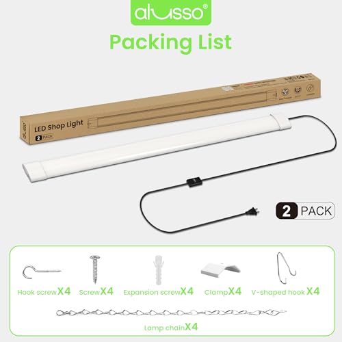 ALUSSO® LED Shop Lights 4FT for Garage, 4800LM Adjustable 20W/30W/40W, 5CCT 2700K 3000K 4000K 5000K 6500K, 120V, Warm to Cool Daylight Linkable Shop Lights for Workshop, ETL, 2 Pack