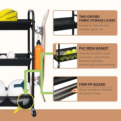 STORAGE MANIAC Basketball Rack 3-Shelf Training Stand with Wheels