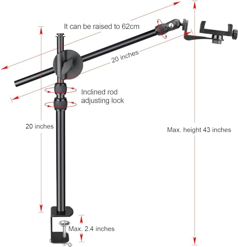 FlexiMount Pro Adjustable Overhead Tripod Phone Stand with Desk Clamp, RC Monitor Mirror & Mic Arm for iPhone, YouTube, Zoom, Live Streaming, Video Meeting, Vlog Recording
