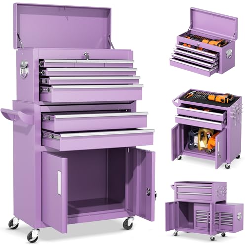 Brightpeak 8-Drawer Rolling Tool Chest – Heavy-Duty Steel Tool Cabinet with Detachable Top Box & Locking Wheels – Secure 2-in-1 Garage Workshop Storage, Tool Organizer(Purple)