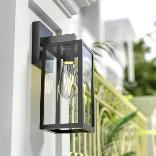 MAXvolador Outdoor Wall Sconce, Exterior Waterproof Wall Lantern Light Fixtures, Black Porch Lights with Toughened Glass Shade, Anti-Rust E26 Socket Front Door Mount Lighting, 2 Pack