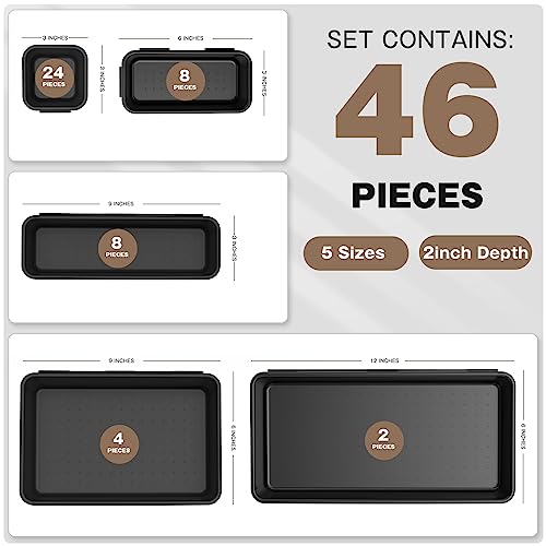 A-LUGEI【𝟰𝟲𝗣𝗖𝗦 & 5 Size】Tool Box Organizer Tray Divider Set, 【Black】 Bathroom Drawer Organizer Bin, Garage Organization and Storage Toolbox Rolling Tool Chest Cart Cabinet WorkBench Small Part