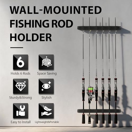 UNITACKLE Fishing Rod Holder Wall Mount, Vertical/Horizontal Fishing Rod Rack with EVA Foam Padding, 6 Rod Storage for Garage, Boat, Shed, Truck, Fishing Pole Stand Organizer,Fishing Gear Accessories