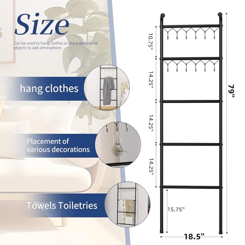 Simple Trending Blanket Ladder，5 Tier Metal Towel Rack with 12 Hooks, 79'' Metal Style Decorative Ladder for The Living Room Bedroom Bathroom Home Decor, Black