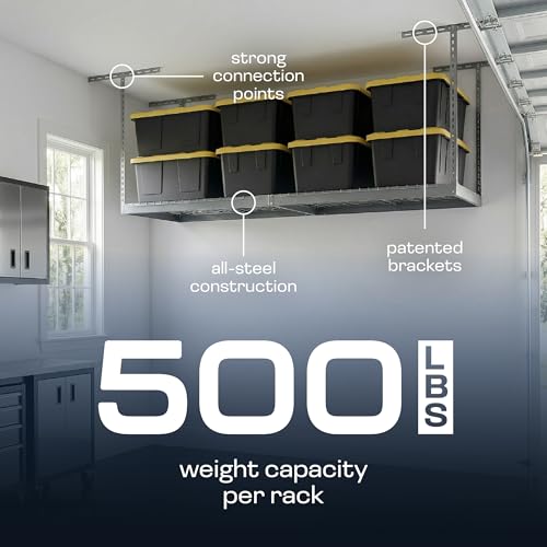 SafeRacks 3x8 Overhead Garage Storage Rack - 500 Pound Weight Capacity Height Adjustable Steel Ceiling-Mounted Rack with Accessories (Hammertone) (24"-45")