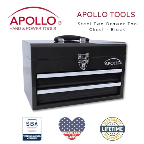 Apollo Tools 14 Inch Steel Tool Box with Deep Top Compartment and 2 Drawers in Heavy-Duty Steel With Ball Bearing Opening and Powder Coated Finish Black