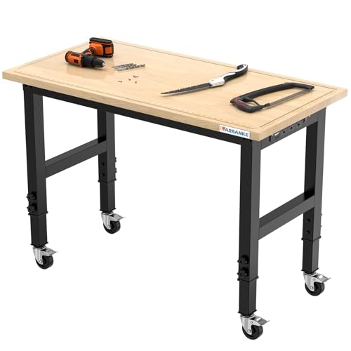 LARBANKE 48" Heavy-Duty Adjustable Workbench with Brake Wheels,Hardwood Worktable Weight Capacity Over 2000 Lbs,Rubber Wood Workbench has Adjustable 5 Different Heights,for Workshop,Garage,Office,Home