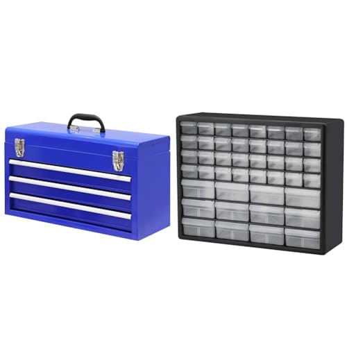 BIG RED 3 Drawer 20" Metal Tool Box Portable Steel Tool Chest with Ball-Bearing Slides & Akro-Mils 10144, 44 Drawer Plastic Parts Storage Hardware and Craft Cabinet, 20-Inch W x 6.37-Inch D