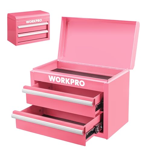 WORKPRO Metal Mini Tool Box, Top Tool Chest containing Two Drawers with Ball Bearing Slides, PVC Drawer Liners and PP Feet Pads, Cold Rolled Steel Small Toolbox for Multi-Purpose Storage - Pink Ribbon