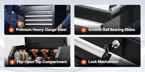 26" Rolling Tool Chest with 3 Drawers - Tool Box with Ball Bearing Slides, Lift-Latch Handles, Drawer Lock Mechanism, Flip-Open Top Compartment, Slip-Resistant Liners for Garage and Workshop Storage