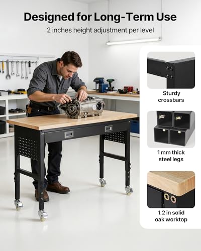VEVOR 60-inch Adjustable Workbench, 1500 lbs Load Capacity, Garage Workbench with Drawer, Power Outlet, Wheels, and Pegboard, Heavy Duty Oak Wood Top Work Table for Garage, Workshop, Office, and Home