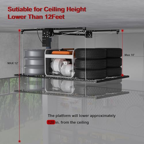 Star20XX Motorized Overhead Garage Storage Rack, Garage Ceiling Storage Rack, 4x8 Ft, 450 Lb Capacity, Remote Control, All Steel Ceiling Shelf for 10 to 12 Ft High Ceilings