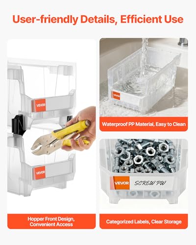 VEVOR Plastic Stackable Storage Bins, 14.8 x 8.5 x 7.1 inch (6 Pack), Plastic Containers for Organizing & Storage Bins for Closet, Garage, Small Parts, Office Supplies, Other Accessories, Transparent