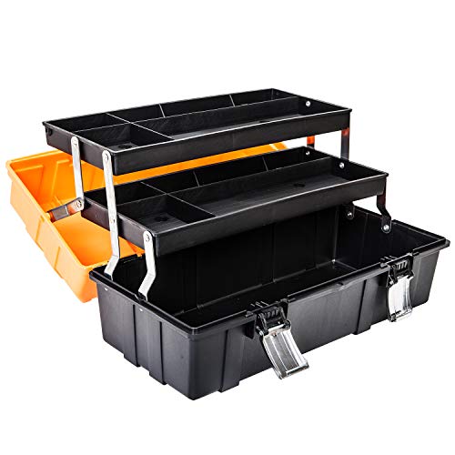 BIG RED ATRJH-3430B Torin 17" Plastic 3-Layer Multi-Function Storage Tool Box with Tray and Dividers, Black/Orange