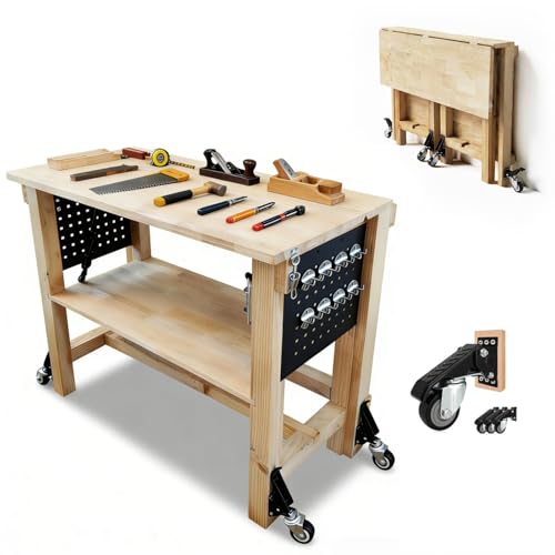 48" Heavy Duty Foldable Workbench with Transformable Wheels and Tool Storage Shelf, Max Load 2500 LBS, Rubber Wood Work Bench for Garage, Woodworking Table with Pegboard