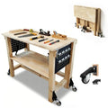 48" Heavy Duty Foldable Workbench with Transformable Wheels and Tool Storage Shelf, Max Load 2500 LBS, Rubber Wood Work Bench for Garage, Woodworking Table with Pegboard