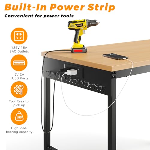 48" Work Bench Adjustable Height Workbench with Power Outlet & Pegboard Heavy Duty Table 2200 LBS Load Capacity Rolling Work Benches for Garage,Workshop,Office,Home