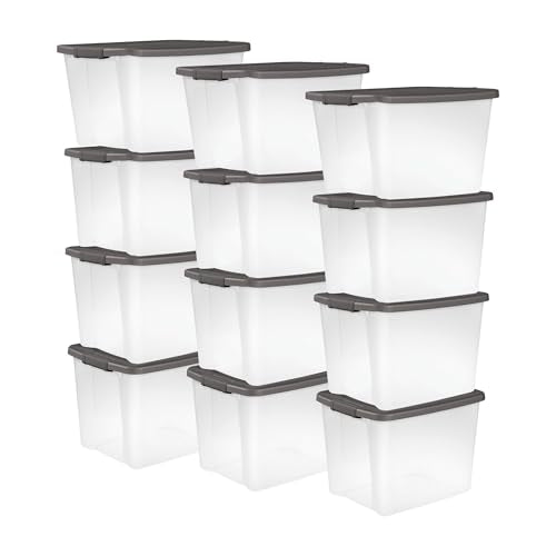 Sterilite 12-Pack 50 Quart ShelfTotes, Clear Plastic Storage Organizer Bins, Flat Gray Lid - Large Stackable Containers for Garage Shelves, Basement Room, Attic, and Home Organization