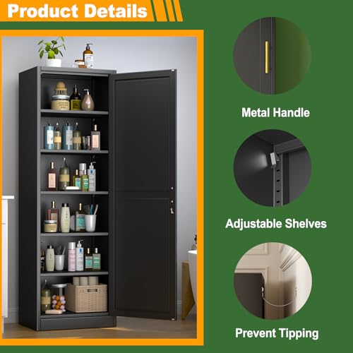 Ckzbx Metal Locker Tall Narrow Storage Cabinet, 67" H Locking Tool File Cabinets Snack Locker Organizer for School Classroom,Bedroom,Gym Home Office,Entryway and Hallway (20" W 1Door Black)