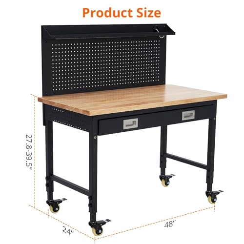 48" Adjustable Heavy Duty Workbench, 2000LB Capacity Solid Hardwood Top Work Bench with Wheels and Power Outlets, Mobile Rolling Garage Workstation for Workshop, Home Office & DIY
