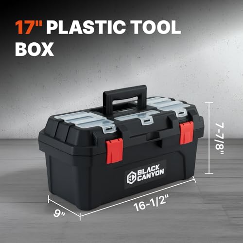 Black Canyon 17 Inch Plastic Tool Box, Support up to 44 lbs, w/Handle, Polypropylene, Dual-Layer Design, Flexible for Stacking, Top-Lid Storage, Ideal for DIY, Workshop, Job Site Organization