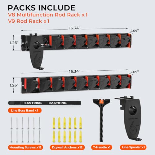 KastKing GravityLock Fishing Rod Holder, V8 & V9 2-Pack Wall Mounted Fishing Rod Rack, Holds up to 17 Fishing Rods or Combos, Universal Rod Storage System, Heavy-Duty Grip, Built-in Line Spooler