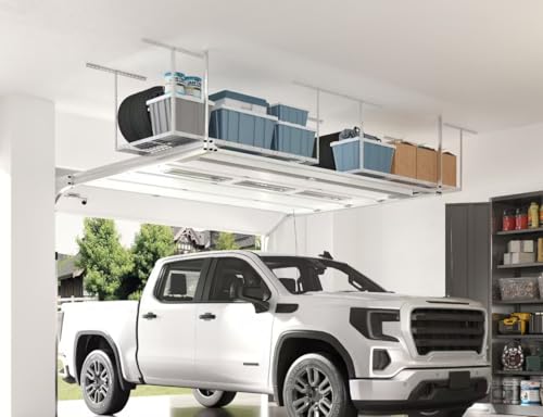 FLEXIMOUNTS 3x6 Overhead Garage Storage Adjustable Ceiling Storage Rack with 2-Pack 1x4ft 12-inch-by-48-inch Wall Shelf, 450lbs+300lbs Capacity,White