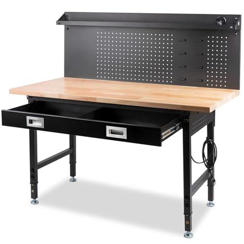 MUWOOD 60" Workbench with Drawers, Work Benches for Garage with Strip Light, Adjustable Work Table with Large Pegboard, 2000 LBS Heavy Duty Table with Power Outlet Rubber Wood for Garage, Office