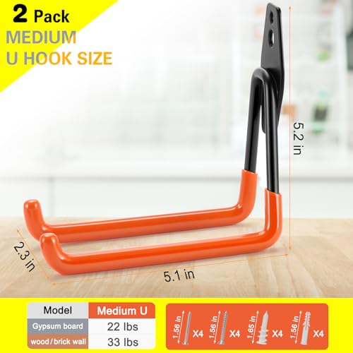 LUPYJI 2 Pack Garage Hooks Heavy Duty Storage Organizer Wall Mount Power and Garden Tool Hangers, for Hanging Ladders, Ropes, Hose, Bulk Items