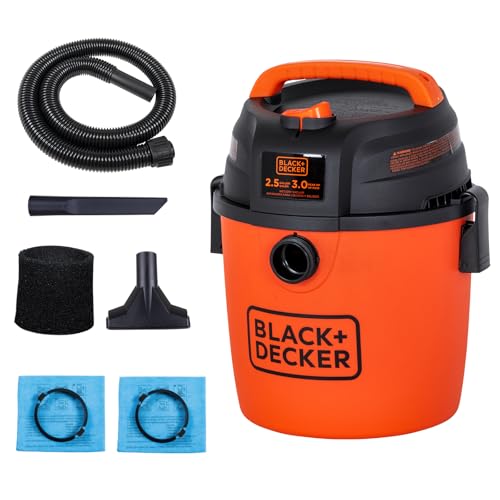 BLACK+DECKER 2.5 Gallon Shop Vac, 3 HP Wet Dry Vacuum with Powerful Suction, Portable for Garage Car and Home Use, Pet Hair Cleaning, Accessories Included, BDXV18134PA
