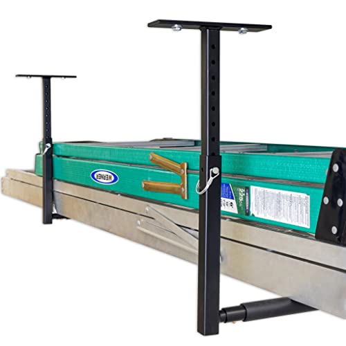 StoreYourBoard Adjustable Overhead Ladder Rack – Garage Organizer Ladder Shelf for Step & Extension Ladders - Storage Racks and Shelving for Garage Organization - Ceiling Mounted - Holds 75 lbs