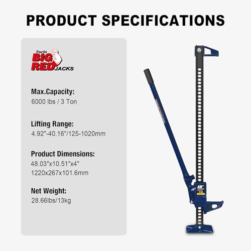 TCE ATR6501BU Torin 48" Ratcheting Off Road Utility Farm Jack, 3 Ton (6,000 lb) Capacity, Blue
