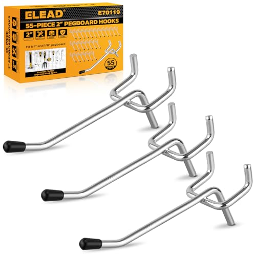ELEAD 55-Piece 2 Inch Pegboard Hooks, Heavy Duty Peg Board Organizer Accessories, Peg Board Tool Hangers Fit for 1/4" and 1/8" Pegboard Hanging Tools Garage, Workshop, and Craft Storage