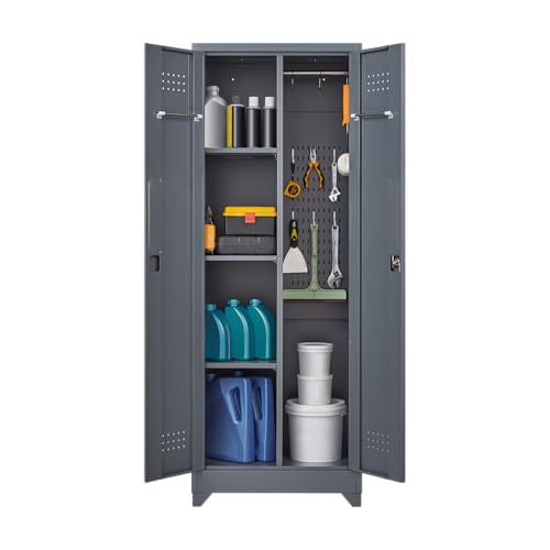 FLEXIMOUNTS 65'' Tall Metal Storage Cabinet with Locking Door, Large Cleaning Tool Organizer for Brooms, Garage, Laundry Room, Bathroom, Dark Grey