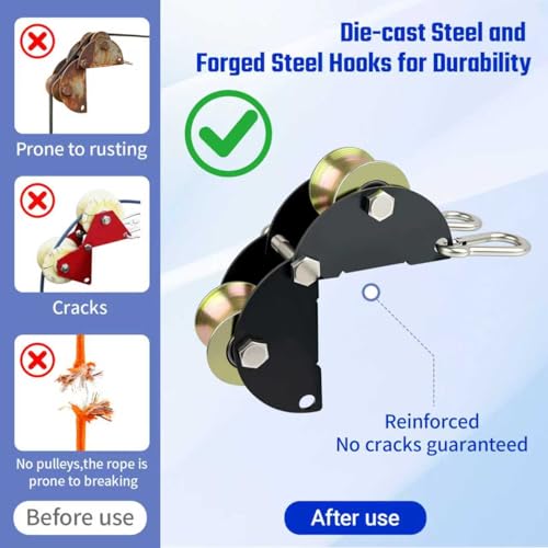 Heavy Duty Lifting Pulley System - Die-Cast Steel 1000LB Capacity, 180° Adjustable Angle Pulley with Hook, for Roof Top Lifting, Material Handling, Moving Heavy Objects