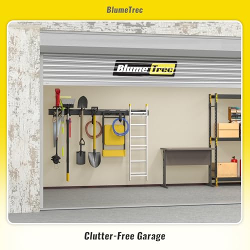 BlumeTrec Garage Tool Organizer Wall Mount, 48" Heavy-Duty Metal Wall Organizer, 3 Rails with 6 Adjustable Hooks, Garden Storage Rack for Organization Sturdy Tool Hanging Holder for Shovel Shed Yard