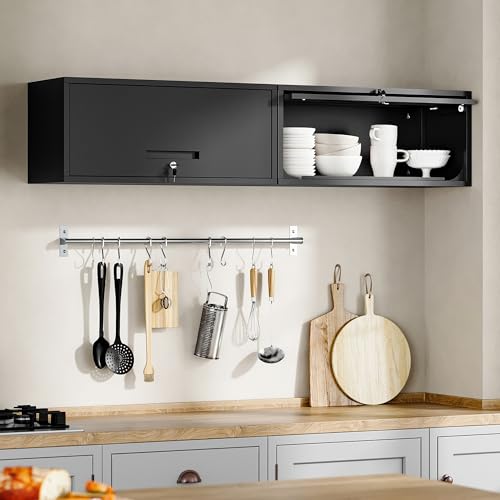 Yizosh Metal Garage Cabinet with Doors, Wall Mounted Storage Cabinet, Floating Tool Cabinet for Basement, Kitchen, Warehouse (Black, 13.7" H)