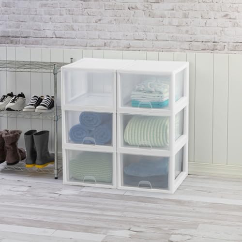 Sterilite 8-Pack 27 Quart Stacking Drawer, Clear Storage Closet Organizer, White Frame - Stackable Modular Plastic Drawers for Clothes, Accessories, Craft Supplies, Shoes or Linens