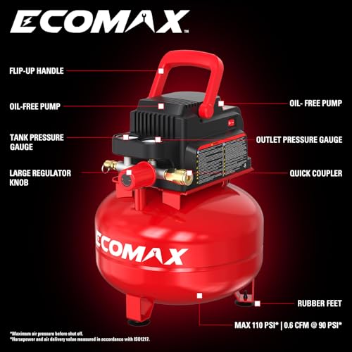 ECOMAX Air Compressor 3 Gallon 110 PSI Pancake Portable Oil-free Tank with 11 PCS Accessories Kit