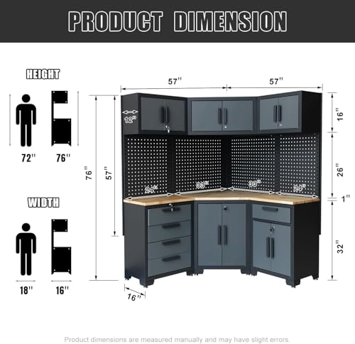 Tsnritor Garage Storage Cabinet System 8-Pcs Garage Cabinets and Storage System Corner Workshop Set with Corner Cabinet, Cabinet Drawers, Workbench, Pegboard for Tool Organization, Black and Grey