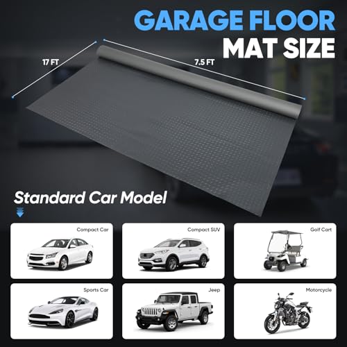 7.5 X 17 FT Rubber Garage Floor Mat, Diamond Plate PVC Mats Thickened Garage Flooring Roll for Under Car, Parking Mat Heavy Duty Non-Slip Protector, for SUV, Trailer, Gym, Shed, Basement (Grey)
