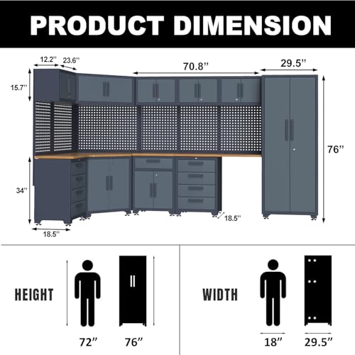 Tsnritor 15PCS Corner Garage Storage Cabinet System, Heavy Duty Workshop Set, Corner Cabinet Includes Workbench, Pegboard & Lockable Drawers Metal Tool Organization System for Garage Workshop