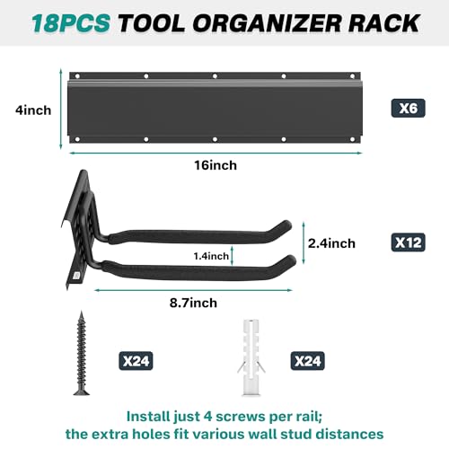 EVERHANGER Garage Tool Storage Organizer, Wall Mount Garden Tool Rack Organization, Heavy Duty Folding Chair Hangers with 12 Adjustable Hooks, Max Load 900lb, 96inch