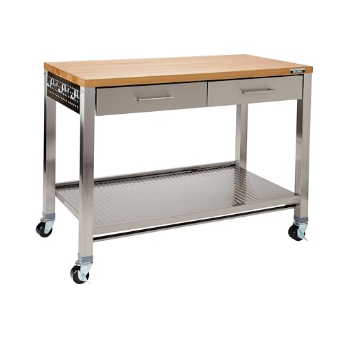 Seville Classics Commercial Work Table Island Utility Cart Prep Station, for Restaurant, Kitchen, Warehouse, Garage, Hotel, Home, Stainless-Steel, Solid Wood Top, 48" W x 24" D
