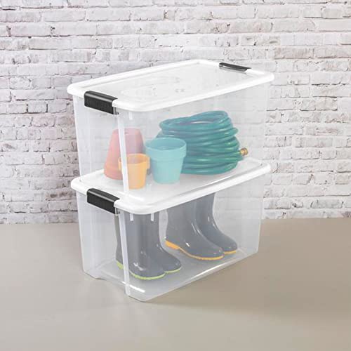 Sterilite Storage System Solution with 106 Quart Clear Latching Storage Tote, 4 Pack and 66 Quart Plastic Stackable Storage Tote, 4 Pack
