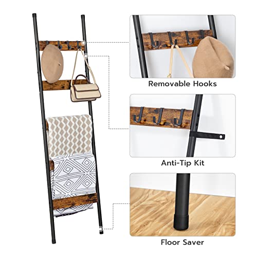 HOOBRO Blanket Ladder, 5-Tier Towel Rack with Hooks, Wall-Leaning Blanket Rack, Decorative Display Ladder Shelf, for Scarves, Industrial, Living Room, Bedroom, Rustic Brown and Black BF52CJ01