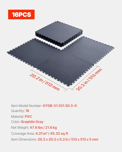 VEVOR Garage Floor Tiles 20.2 x 20.2 x 0.2 inch, Interlocking Ease of Installation Diamond Plate Slip-Resistant Texture Non-Slip Sturdiness, for Garages, Warehouse, Tool Room, Graphite Gray, 16 Pack