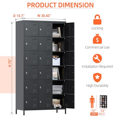 GangMei Lockers for Employees, 18 Doors Metal Storage Locker with Card Slot and Ventilation Holes for Office Home School Gym Garage, Black, Assembly Required